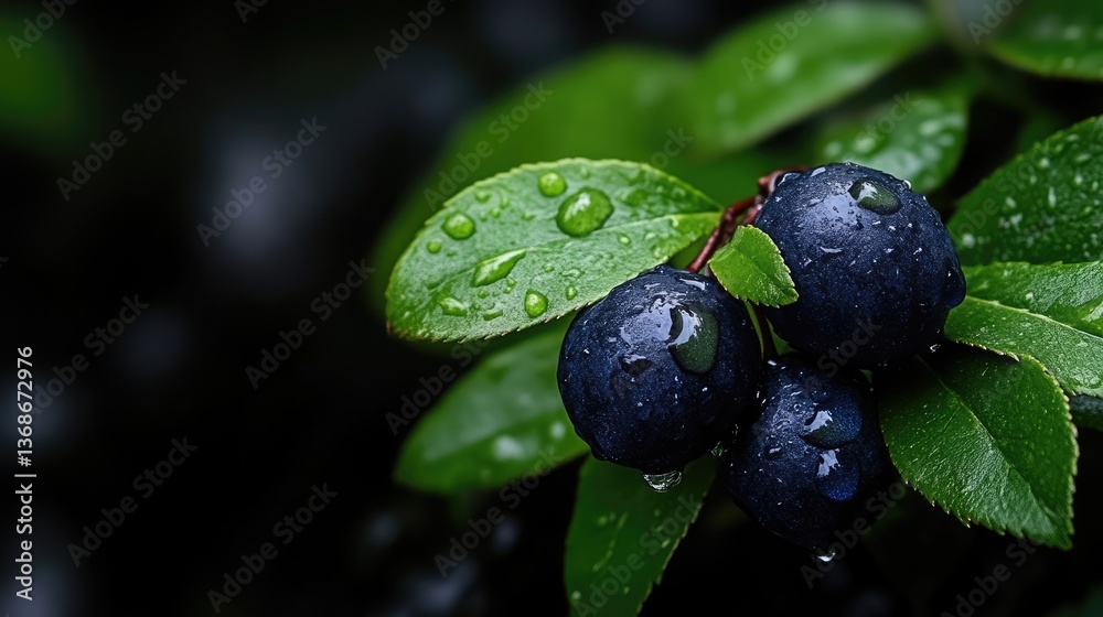 Fresh, plump blueberries with water droplets on leaves. Close-up view of a branch with berries Fresh, plump blueberries with water droplets on leaves. Close-up view of a branch with berries