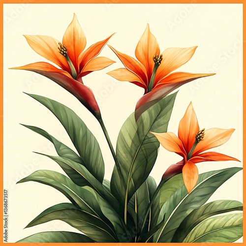 Three orange tropical flowers with green leaves.