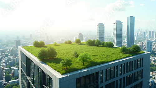 Wallpaper Mural Overhead view of a cityscape with green roof overlay symbolizing sustainable architecture in double exposure with copy space. concept as An overhead view of a cityscape blended with green roofs repres Torontodigital.ca