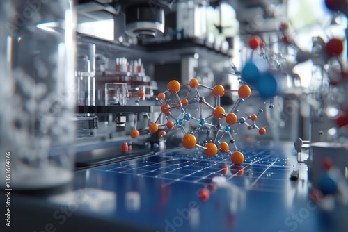 3D visualization of molecules and their atomic connections in a lab environment, emphasizing the scientific study of matter and chemical reactions