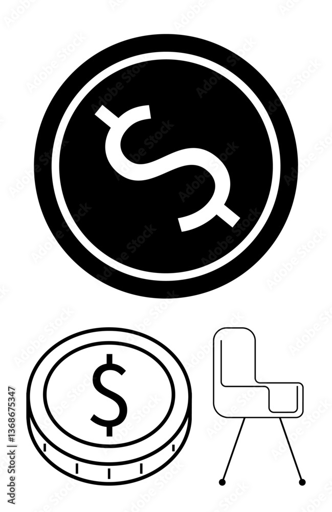 Dollar sign coins and a minimalist chair highlight concepts of wealth, investment, and professional growth. Ideal for finance, entrepreneurship, modern design, career success, savings, productivity Dollar sign coins and a minimalist chair highlight concepts of wealth, investment, and professional growth. Ideal for finance, entrepreneurship, modern design, career success, savings, productivity