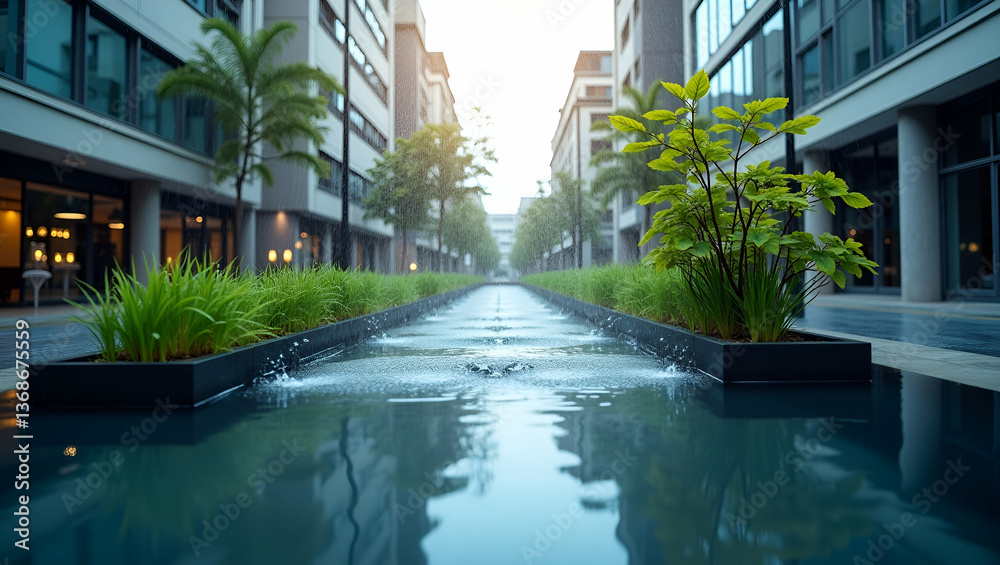 Fototapeta premium Photo Realistic Overhead View of a City Block with Rainwater Harvesting Overlay Symbolizing Urban Sustainability and Water Conservation - Double Exposure with Copy Space