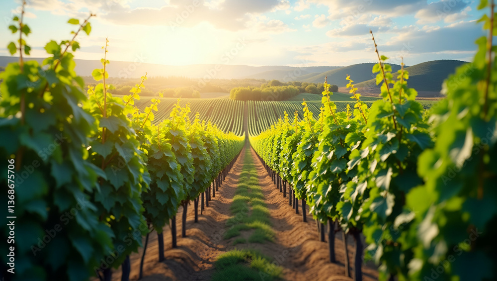 Fototapeta premium Top view of a vineyard with automated pruning overlay symbolizing smart vineyard management in double exposure with copy space. concept as A top view of a vineyard intertwined with automated pruning s