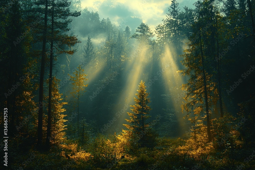 Obraz premium Sunbeams illuminate misty forest, golden light on trees.