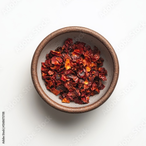 Bowl of Vibrant Red Pepper Flakes for Culinary Use as Seasoning or Spice Ingredient on Neutral Surface