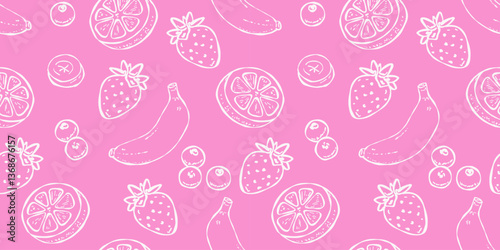 Hand-drawn seamless fruit pattern in sketch, bananas, strawberries, blueberries, and lemon slices, all outlined with no fill, on a vibrant pink background, perfect for fresh, fruity designs