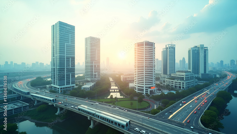 Fototapeta premium Overhead View of a Sustainable Cityscape: Energy Efficient Buildings and Public Transport Hubs in Double Exposure with Copy Space for Text - Perfect for Photo Stock Concepts