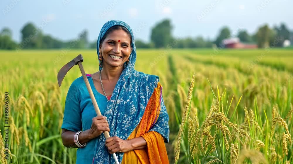 Portrait of an Indian woman farmer in traditional clothing holding a ...