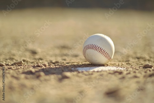 A clean white baseball sitting on the intersection of a chalk line and the infield dirt, bathed in natural sunlight with a shallow depth of field.