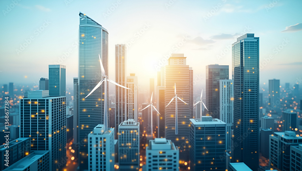 Fototapeta Top View of a Cityscape Blended with Wind and Solar Energy Icons: A Double Exposure Concept Showcasing Renewable Energy Solutions with Ample Copy Space for Text