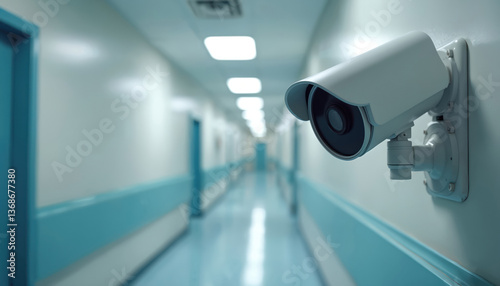 Security camera in hospital corridor. Surveillance tech monitors patient safety, privacy. CCTV system installed, intrusion detection, access control. Healthcare workplace, protection, awareness,