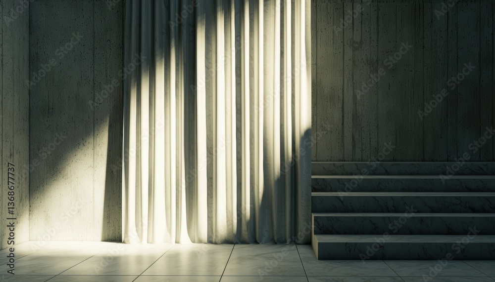 Obraz premium A minimalist interior scene featuring soft curtains and steps, illuminated by natural light, creating a serene and modern atmosphere.