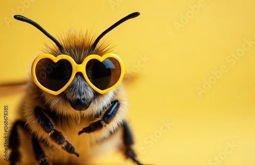 Funny bee wearing yellow heart-shaped sunglasses on yellow background. Valentine Day concept. Cute insect with eyewear looking at camera. Ideal for greeting cards, party decor.