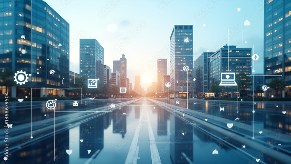 Fototapeta premium 3D Flat Icon: Top View Cityscape with Digital Marketing Symbols - Urban Commerce & Business Growth in Double Exposure on Isolated White Background