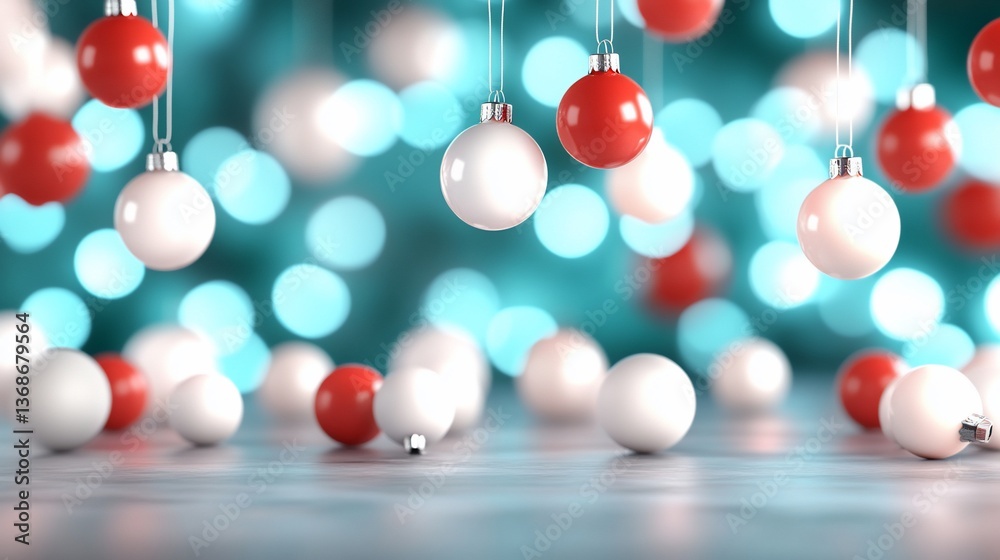 Festive red and white ornaments hanging with blue bokeh lighting backdrop