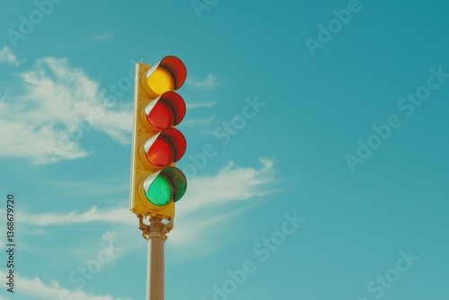 A vibrant traffic light displays red, yellow, and green signals against a clear blue sky, guiding vehicles and pedestrians.