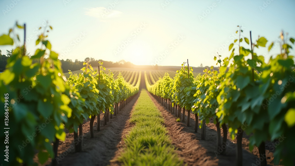 Naklejka premium Top View of a Vineyard with Automated Pruning: Smart Vineyard Management and Efficient Vine Care in Double Exposure - Perfect for Photo Stock Use