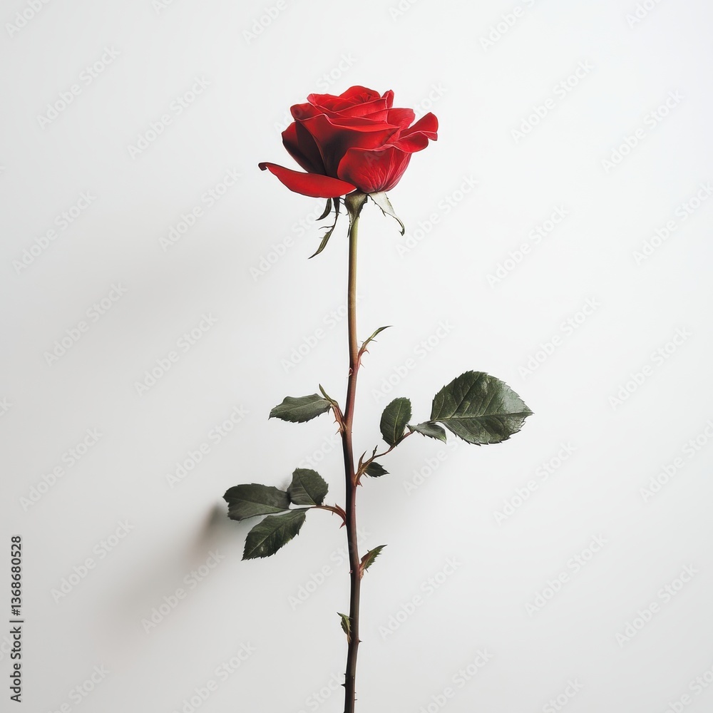 Obraz premium Elegant Red Rose Blossom with Long Stem and Green Leaves in Minimalist Isolated Studio Setting