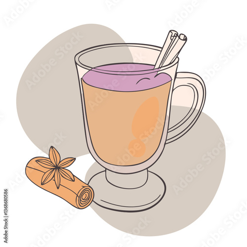A glass of Hot Apple Cider with cinnamon sticks in it. The image has a warm and cozy feeling. The tea is served in a glass with a cinnamon stick on top