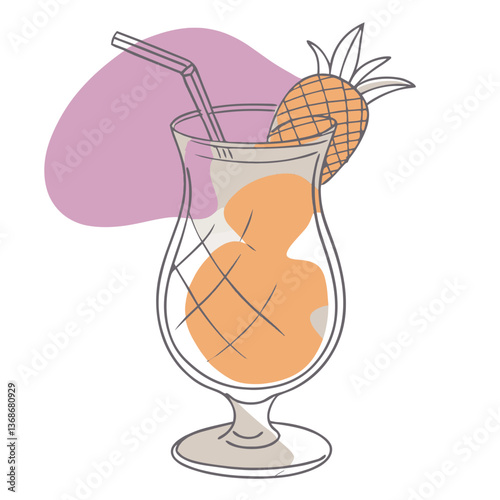 A glass of Pina Colada drink with a straw in it and a pineapple on top. The drink is a cocktail