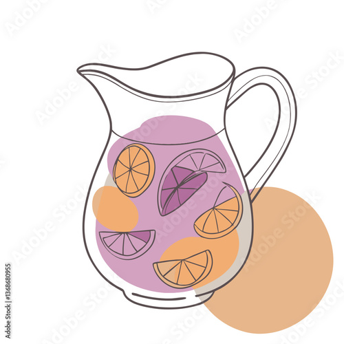 A pitcher of Sangria with a few slices of orange and a few slices of lemon. The pitcher is white and has a purple rim
