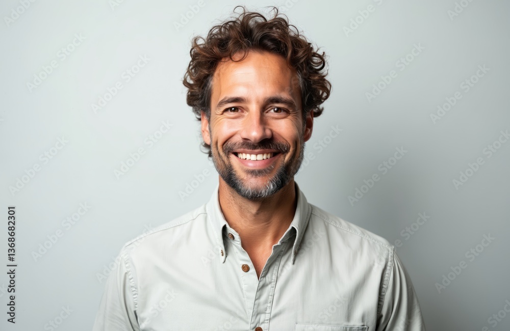 Handsome middle-aged man smiling directly camera on grey background. Caucasian male with brown curly hair, grey beard, dressed in shirt. Positive emotion, happiness. Studio portrait, businessman, Handsome middle-aged man smiling directly camera on grey background. Caucasian male with brown curly hair, grey beard, dressed in shirt. Positive emotion, happiness. Studio portrait, businessman,