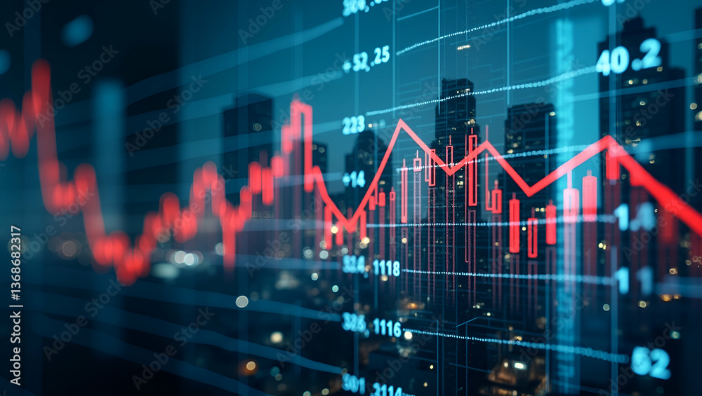 3D Digital Indicators & Declining Stock Market Graphs: Double Exposure Concept Over City Skyline 3D Digital Indicators & Declining Stock Market Graphs: Double Exposure Concept Over City Skyline