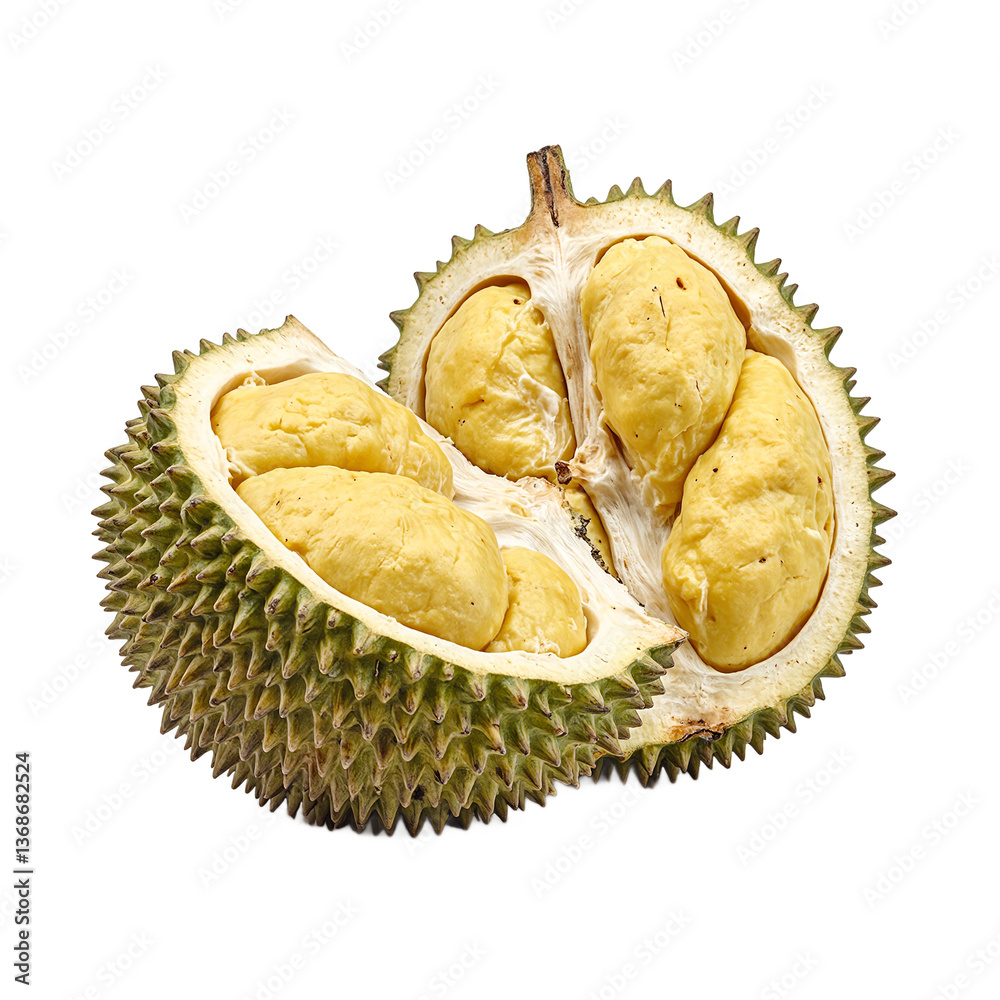 Fototapeta premium Fresh durian fruit one opened with creamy golden flesh the other with its spiky textured husk Perfect for exotic food concepts