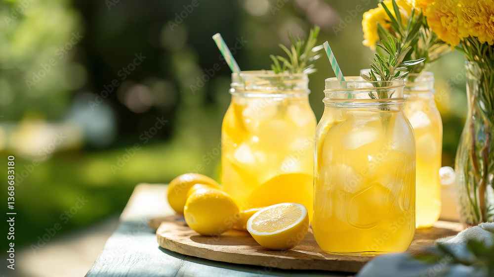 Fototapeta premium Iced Lemonade Refreshment With Lemons Outdoors