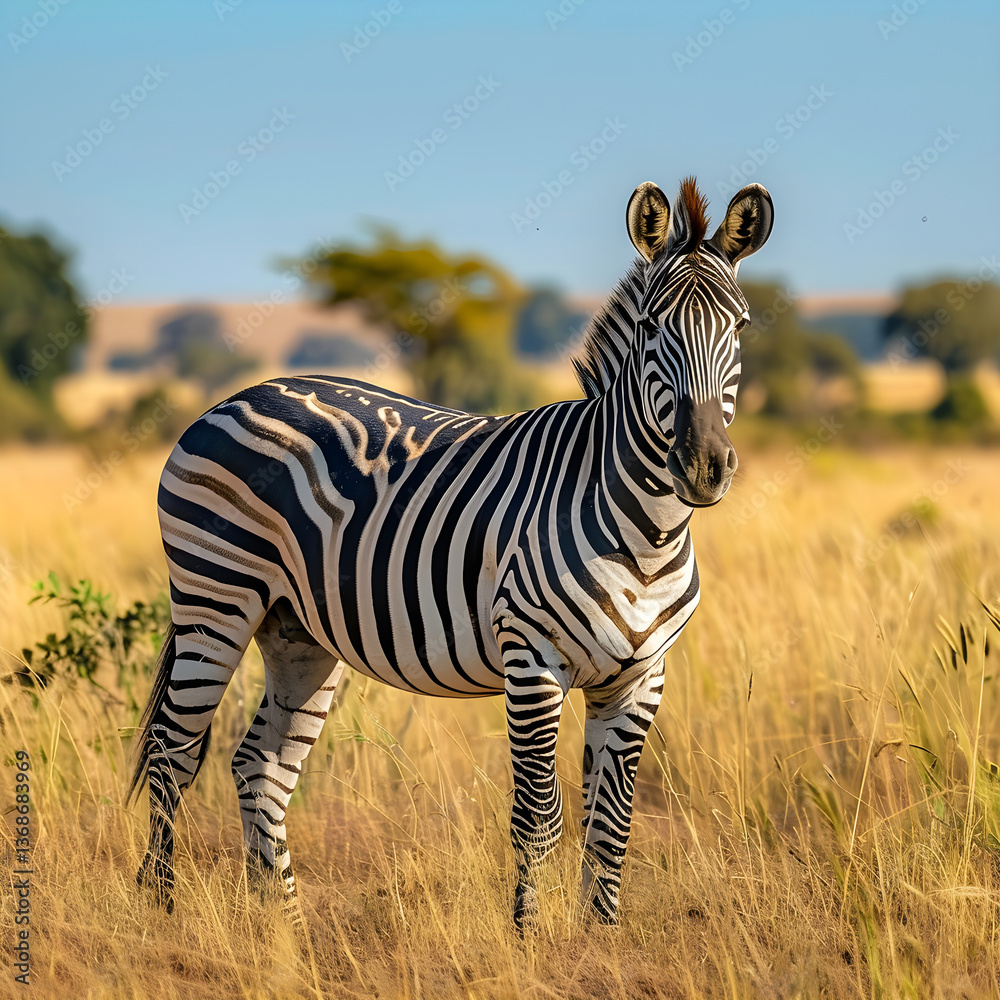 Naklejka premium Majestic Zebra in Sunlit Savannah: Striking Black and White Stripes Against Golden Grass and Clear Blue Sky, African Wildlife in its Natural Habitat