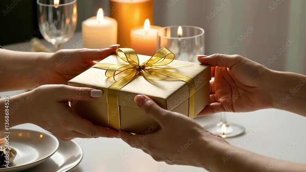 Exchanging thoughtful gifts: hands passing a golden present in warm candlelit ambiance