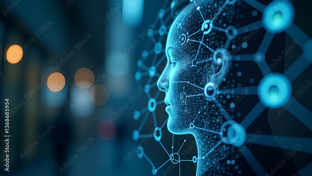 Fototapeta premium 3D Flat Icon: Overhead View of Business Leader with AI Technology & Innovation Symbols