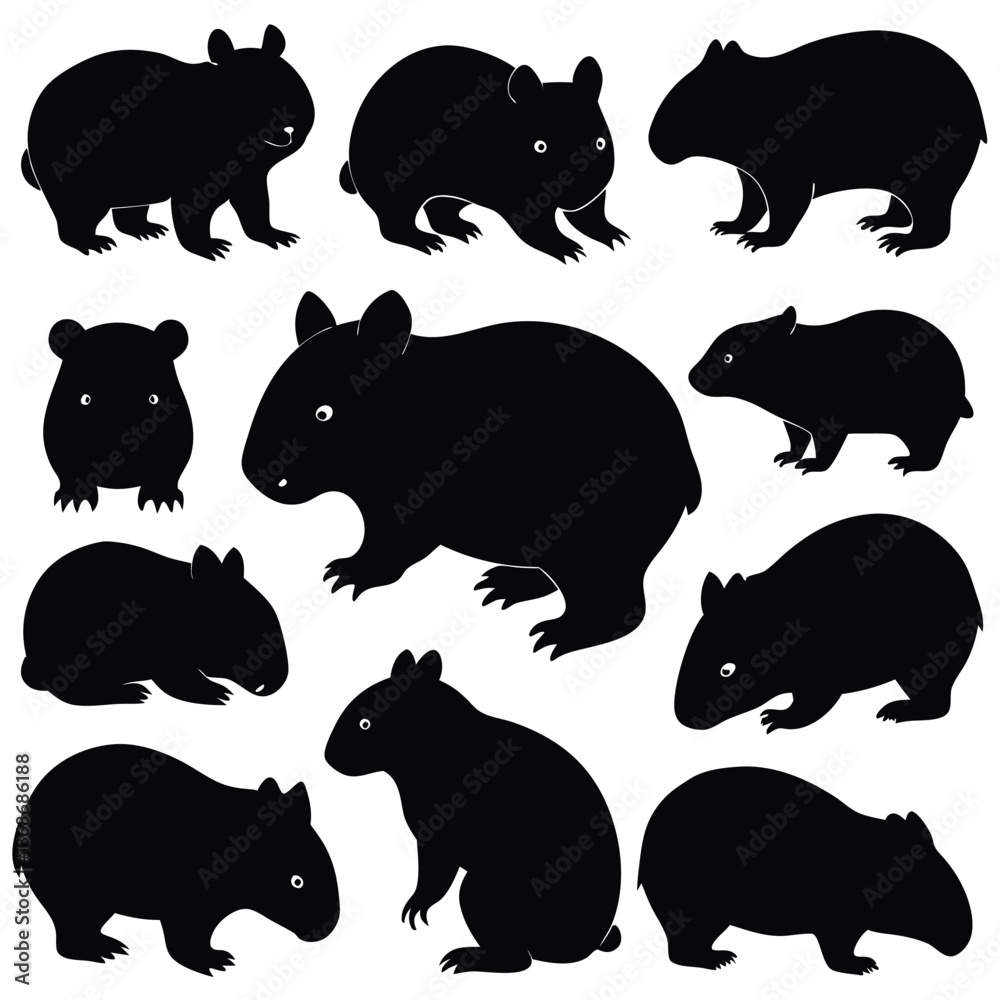 Fototapeta premium Guinea Pigs and Rodents Black Silhouette Vector Set