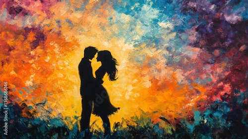Silhouette of a couple embracing with a colorful, painted background.
