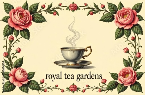 Antique botanical poster, floral border with roses and peonies, central illustration of tea cup , ornate typography 'Royal Tea Gardens', sepia style 