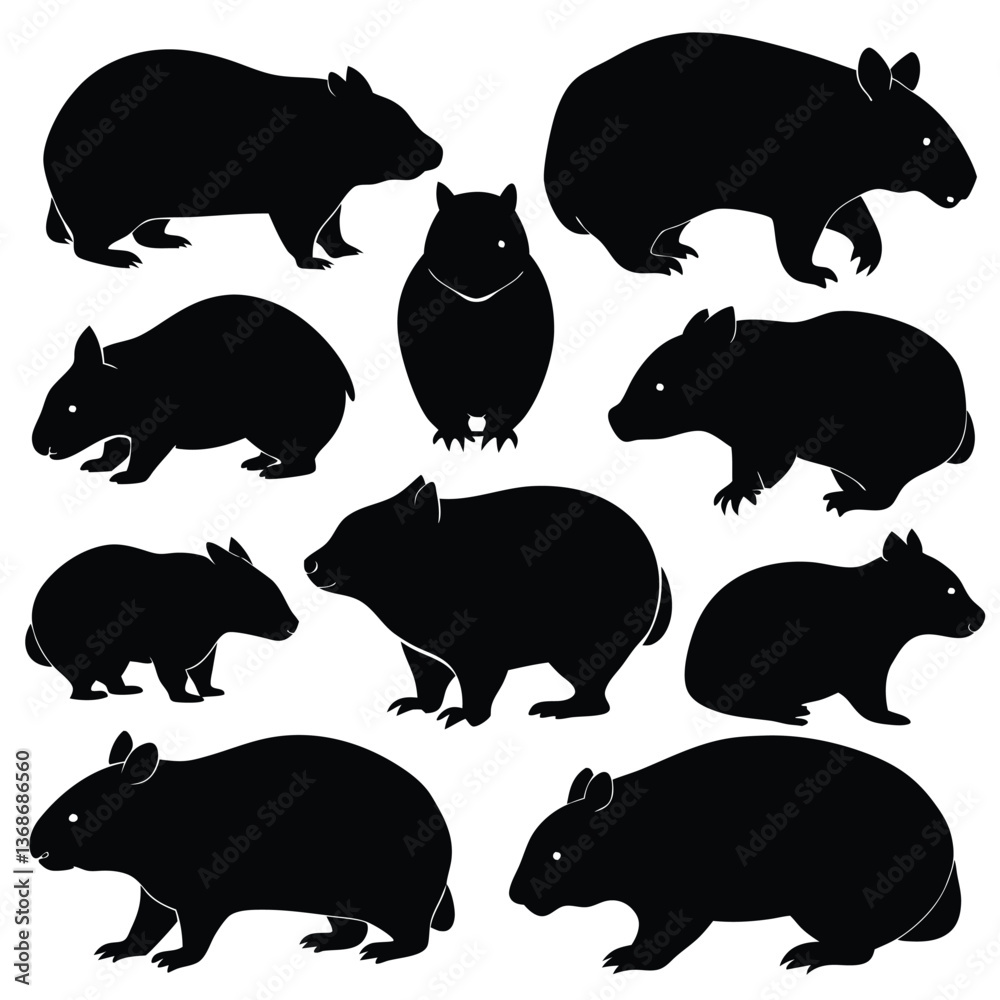 Fototapeta premium Guinea Pigs and Rodents Black Silhouette Vector Set