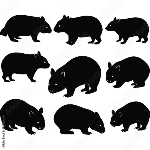 set of wombats, collection of silhouettes of black vector