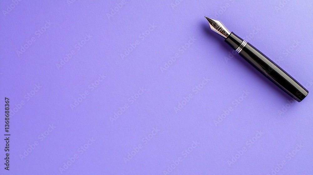 Fountain pen on purple background, minimalist layout with simple elegance Fountain pen on purple background, minimalist layout with simple elegance