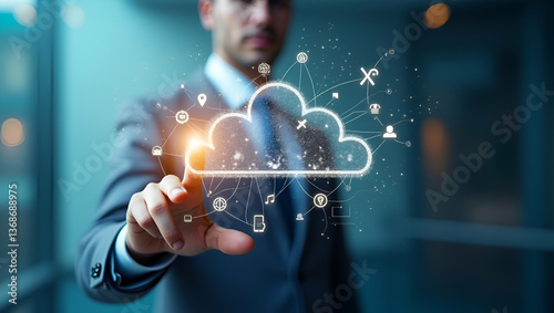 Overhead view of a visionary leader with innovation cloud and tech elements overlay symbolizing futuristic leadership in double exposure with copy space. concept as An overhead view of a visionary lea