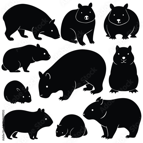 set of wombats, collection of silhouettes of black vector