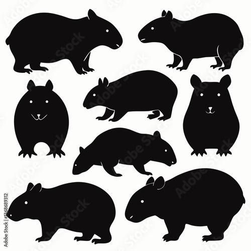 set of wombats, collection of silhouettes of black vector