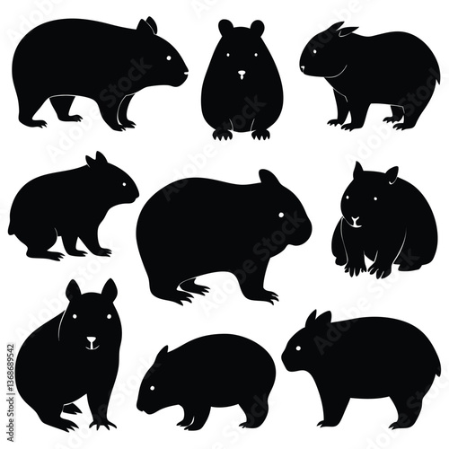 set of wombats, collection of silhouettes of black vector