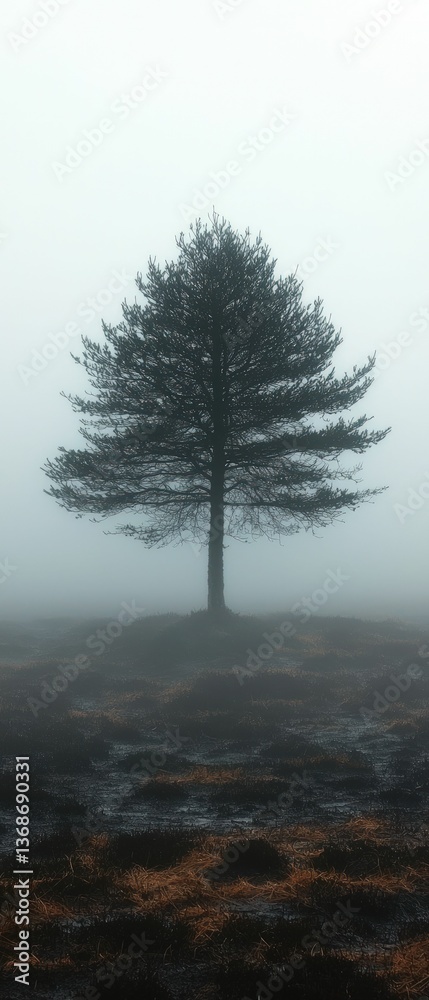 Fototapeta premium Solitary tree fog shrouded moorland dawn