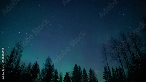 Timelapse of aurora borealis over the forests in early spring in Pirkanmaa, Finland