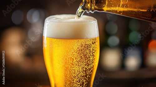 Wallpaper Mural Pouring golden beer into a frosty glass with bubbles and foam at a bar in the evening Torontodigital.ca