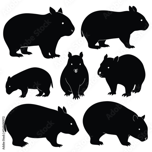 set of wombats, collection of silhouettes of black vector