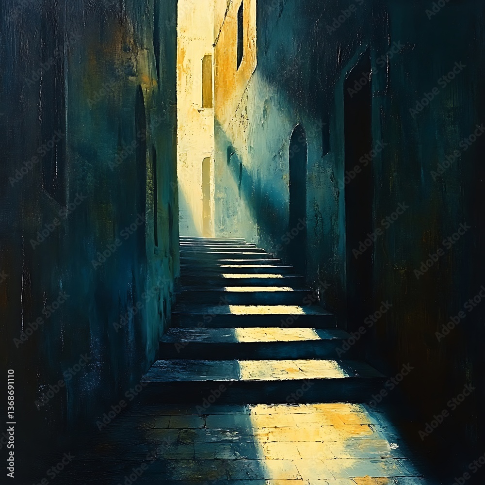 Obraz premium Shadows and light intertwine in a mysterious alleyway, creating an abstract dance of contrasts