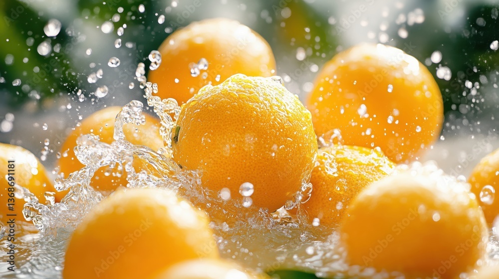 Fresh oranges splashing in water creating vibrant droplets and a refreshing atmosphere in a sunny kitchen setting Fresh oranges splashing in water creating vibrant droplets and a refreshing atmosphere in a sunny kitchen setting