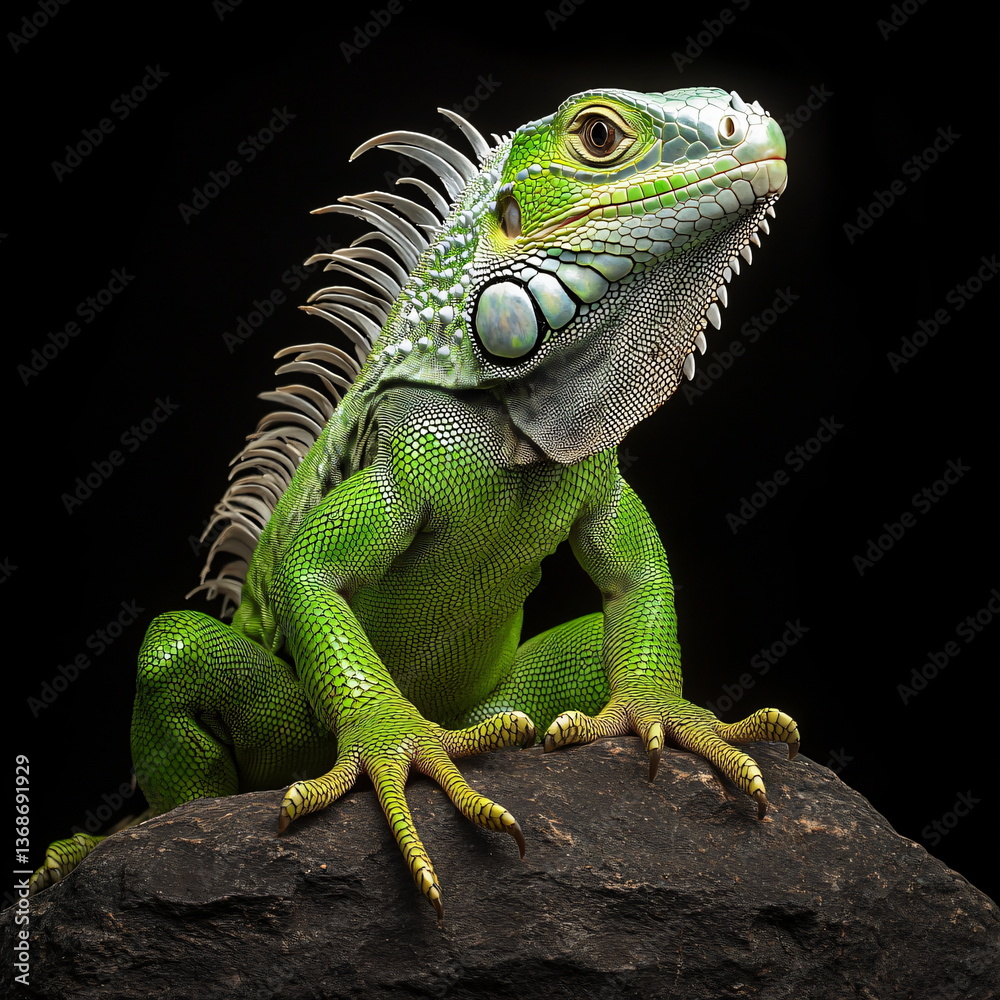 Obraz premium A green iguana with white frills sitting on a rock against a black background
