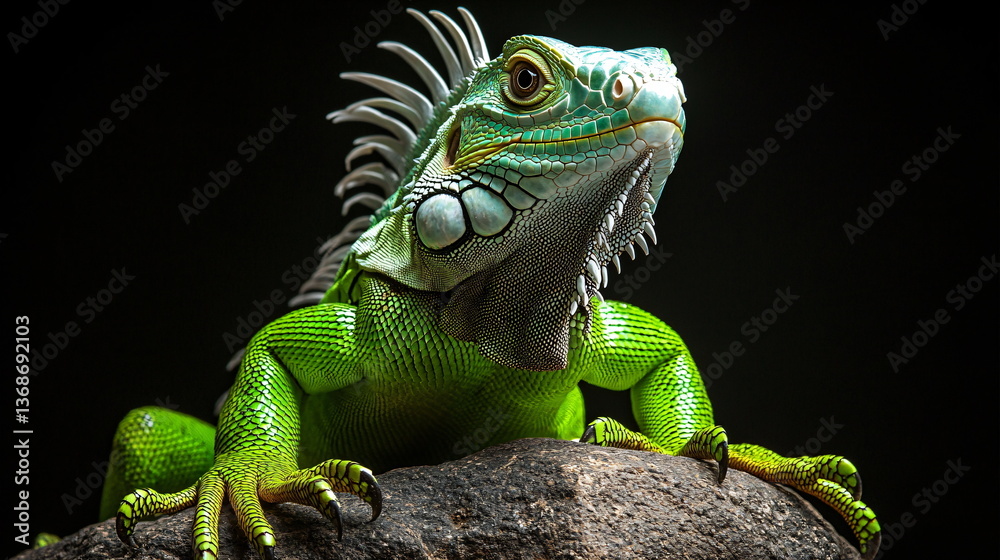 Obraz premium A green iguana with white frills sitting on a rock against a black background